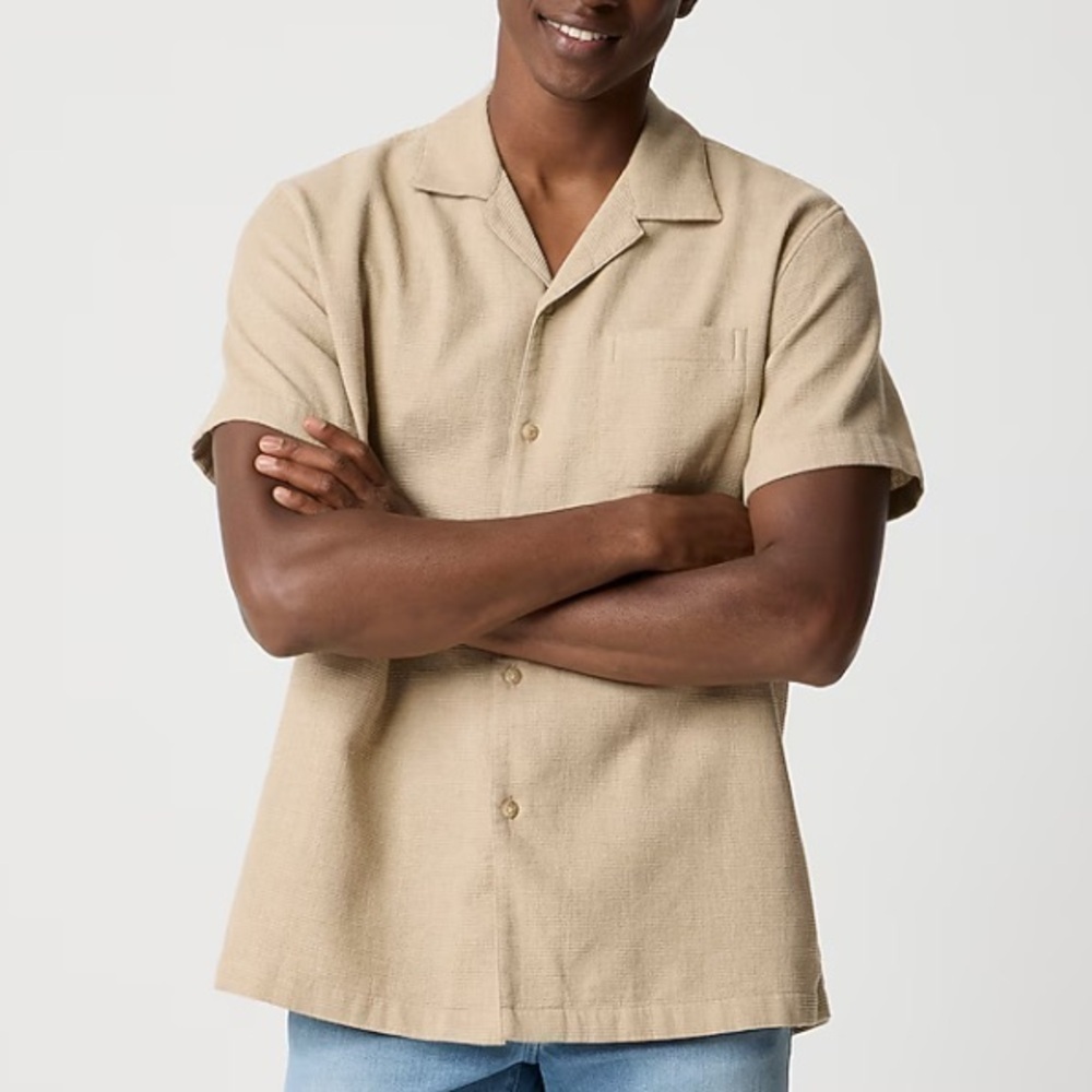 NWOT j crew heather light camel Short-sleeve waffle dobby camp shirt